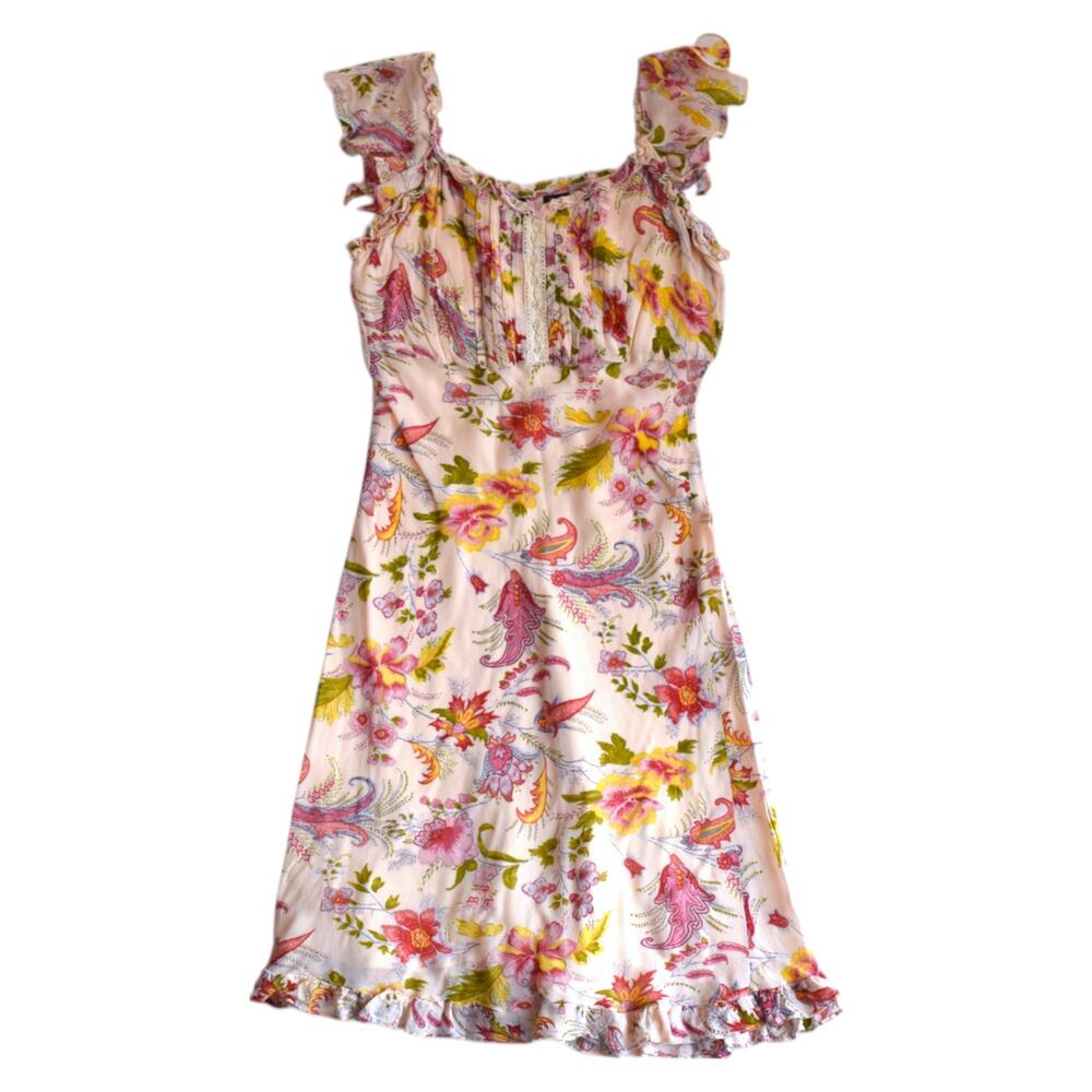 Angie Pink Floral Rayon Sundress Cottagecore Boho Ruffle Dress Small